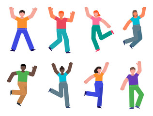 Group of joyful people jumping and celebrating. Victory, success celebration. Flat design vector illustration