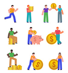 Group of people posing with big golden coins. Money, cash, financial success concept. Flat design vector illustration