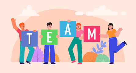 Group of people hold banners with team letters. Teamwork, partnership concept. Poster for social media, web page, banner, presentation. Flat design vector illustration