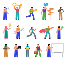Fototapeta na wymiar Set of people showing various actions. Man holding golden key, running, thinking, working on laptop and other situations. Flat design vector illustration