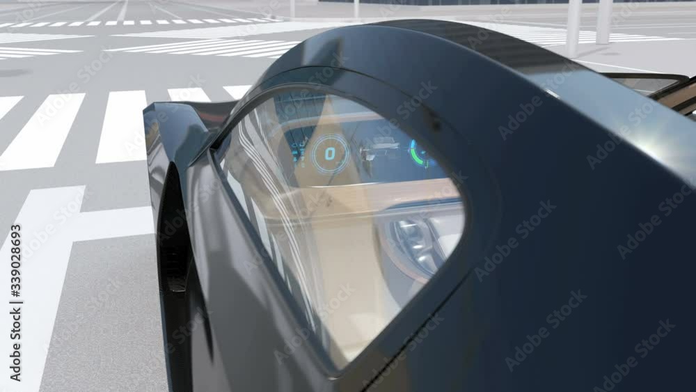 Aufkleber autonomous electric car without steering and pedals stopped for waiting traffic signal. wide digital