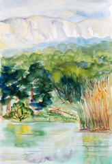 Mountain lake with reeds and trees against the background of mountain peaks. Watercolor illustration.