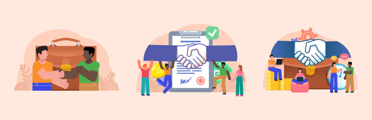 Set of business agreement, deal concept illustrations. Two businessmen handshake. Flat design vector illustration