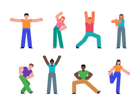 Set of people stretching, doing physical exercises, showing various action, poses. Flat design vector illustration