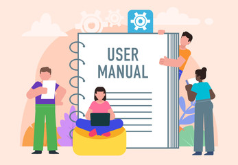 User manual, document specification concept. Group of people stand near big document or book. Poster for social media, web page, banner, presentation. Flat design vector illustration