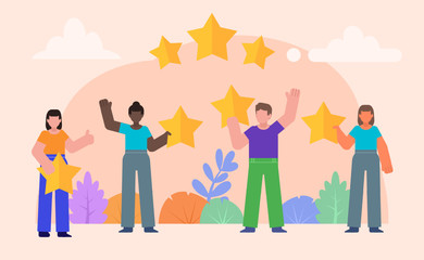 Group of people hold rating, vote or review stars. User online rating concept. Poster for social media, web page, banner, presentation. Flat design vector illustration