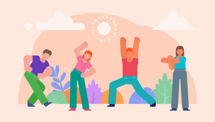 Group of people doing physical exercises. Morning stretching, sport and healthy lifestyle. Poster for social media, web page, banner, presentation. Flat design vector illustration