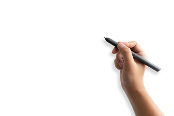 Hand with black pen isolated on white background
