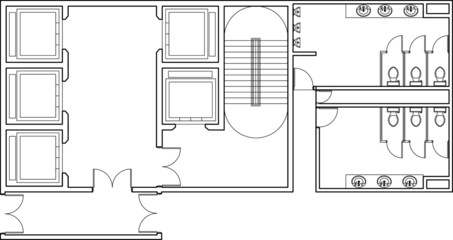 2D drawing of building lift core design for high rise building contain protected lobby, passenger lift, fireman lift and escape staircase. Drawing in black and white. 