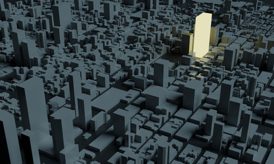 Abstract night cityscape. The only lit building in the city. View from above with going perspective. 3D illustration