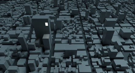 Abstract night cityscape. The only lit window in the city. View from above with going perspective. 3D illustration