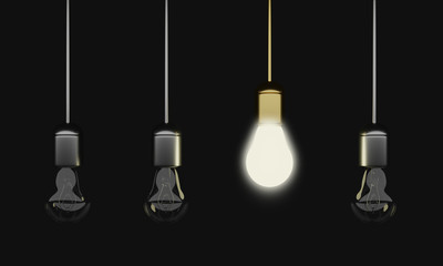 Glowing bulb among unlit others hanging in a row. Inspiration and originality. 3D illustration