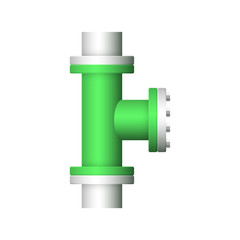 Pipe vector. Connection by flange fitting. For pipeline construction to transport liquid or gas in industry i.e. crude, oil, natural gas. Also water supply infrastructure in plumbing and irrigation.