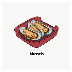 Mussels on red plate,vegetable for Japanese grill, korean grill, thai pan bbq grill. Drawing illustration vector.