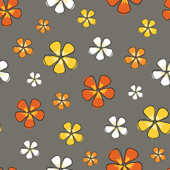Obraz premium Ditsy warm flowers colorful cartoon flowers on a gray background seamless vector repeat pattern