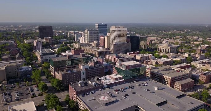 The downtown city skyline is featured inside Columbia SC in an aerial view