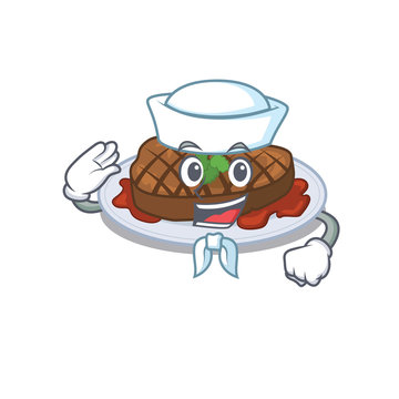 Sailor cartoon character of grilled steak with white hat