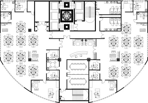 High-rise building typical office layout drawing complete with the office furniture in 2D CAD drawing. Drawing in black in white. 