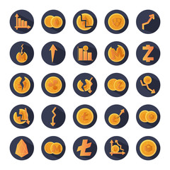 cryptocurrency coins and cryptocurrency symbols icon set, block detailed style