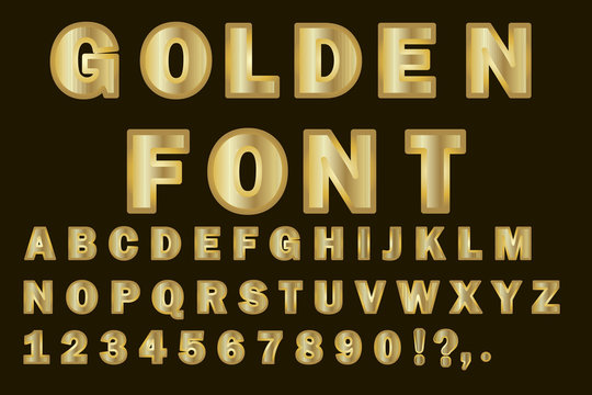 Gold letters of the alphabet and numbers and the inscription "Golden Font" on a black background. Vector illustration.