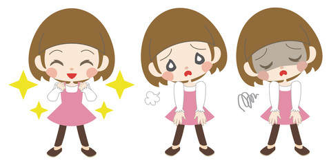 ピンクのワンピースを着た女の子（喜ぶ・疲れる・不調）