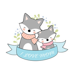 Draw wolf and baby with blue ribbon on white For mother'day.
