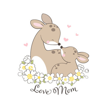 Draw deer and baby with beauty flower.For mother'day.