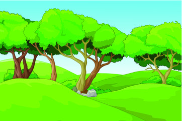 Grass Field Hill With Trees View Cartoon Vector Illustration