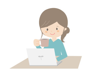Woman drinking coffee while looking at the computer.