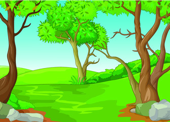 Fototapeta premium Landscape Grass Field View With Trees Cartoon