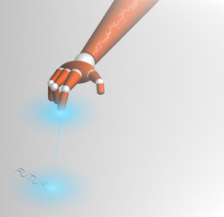robot arm burns out the word FUTURE with a laser. Template, layout on the topic of new technologies. Vector
