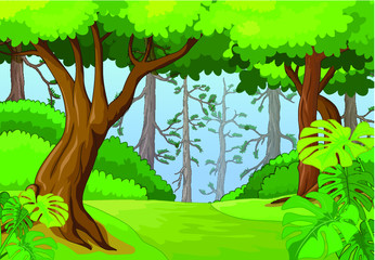 Fototapeta premium Tropical Forest View With Trees Cartoon