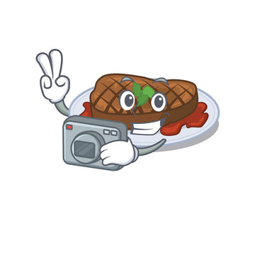 Grilled steak mascot design as a professional photographer working with camera