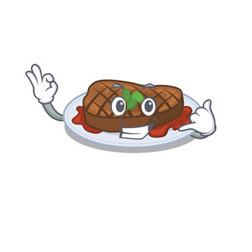 Cartoon design of grilled steak with call me funny gesture