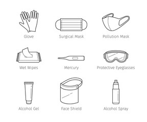 Set Of Protective Equipments For Coronavirus, Covid-19, Objects, Outline Icons, Protection Oneself From Disease