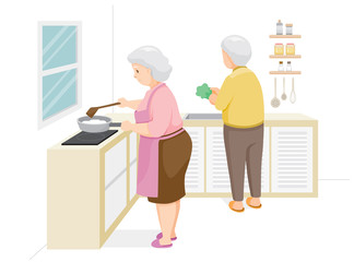 Two Elderly Cooking Food Together, Stay Home, Stay Safe, Self Isolation, Protection Themselves From Coronavirus Disease, Clvid-19, Daily Routines Of Family