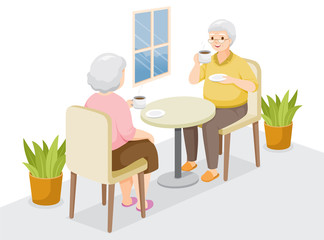 Two Elderly Sitting, Drinking Coffee Together, Stay Home, Stay Safe, Self Isolation, Protection Themselves From Coronavirus Disease, Clvid-19