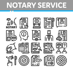 Notary Service Agency Collection Icons Set Vector. Agreement And Law Research, Document With Stamp And Signature, Notary Service Information Concept Linear Pictograms. Monochrome Contour Illustrations