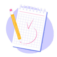 A notepad for taking notes. The pencil writing note. Mark done. Vector illustration isolated on a white background