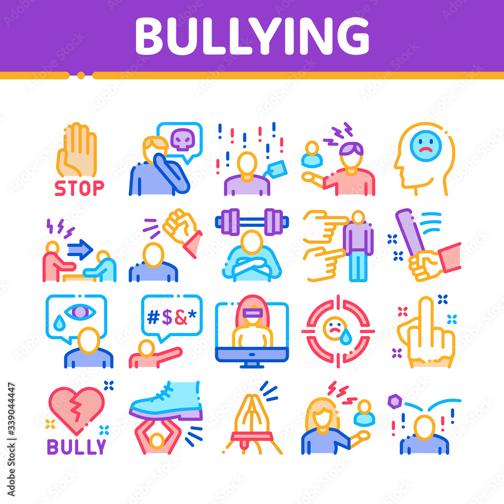 Poster bullying aggression collection icons set vector. internet bullying and name-calling, beating and sho