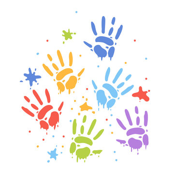 Color prints of children's palms in the paint. Children's hands on the wall