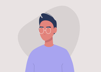 Young male character portrait, 3/4 front view, millennial lifestyle, flat vector graphics