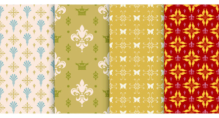 Fototapeta na wymiar 4 seamless vintage patterns. Background Wallpaper. Pattern colors: beige, brown, gold and white. Vintage style. Background texture, vector graphic.