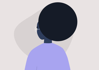 Young black female character portrait, 3/4 back view, millennial lifestyle, flat vector graphics