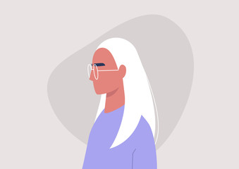 Young female character portrait, side view, millennial lifestyle, flat vector graphics