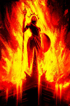The statue of the Greek goddess with a shield and a staff, shrouded in fire and lava, against the backdrop of an erupting volcano, is painted in a dynamic perspective from below. 2d illustration.