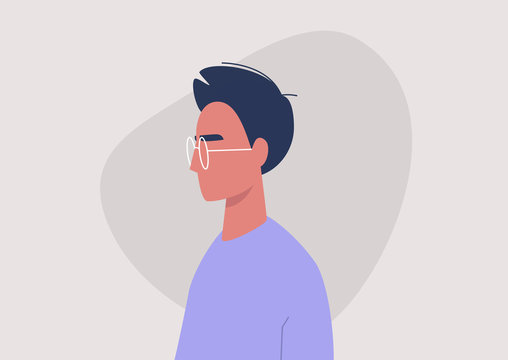 Young male character portrait, profile view, millennial lifestyle, flat vector graphics