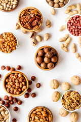 Set of macadamia, hazelnut, walnut, almond, pistachio, pecans nuts on white background top-down pattern