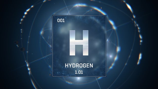 3D illustration of Hydrogen as Element 1 of the Periodic Table. Blue illuminated atom design background with orbiting electrons. Design shows name, atomic weight and element number 