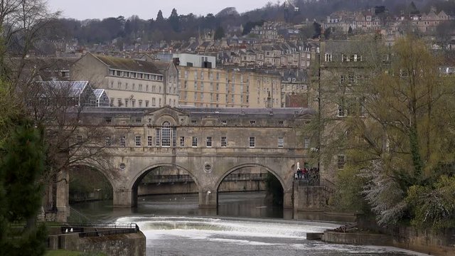 Bath city centre aerial view across city England UK 4K